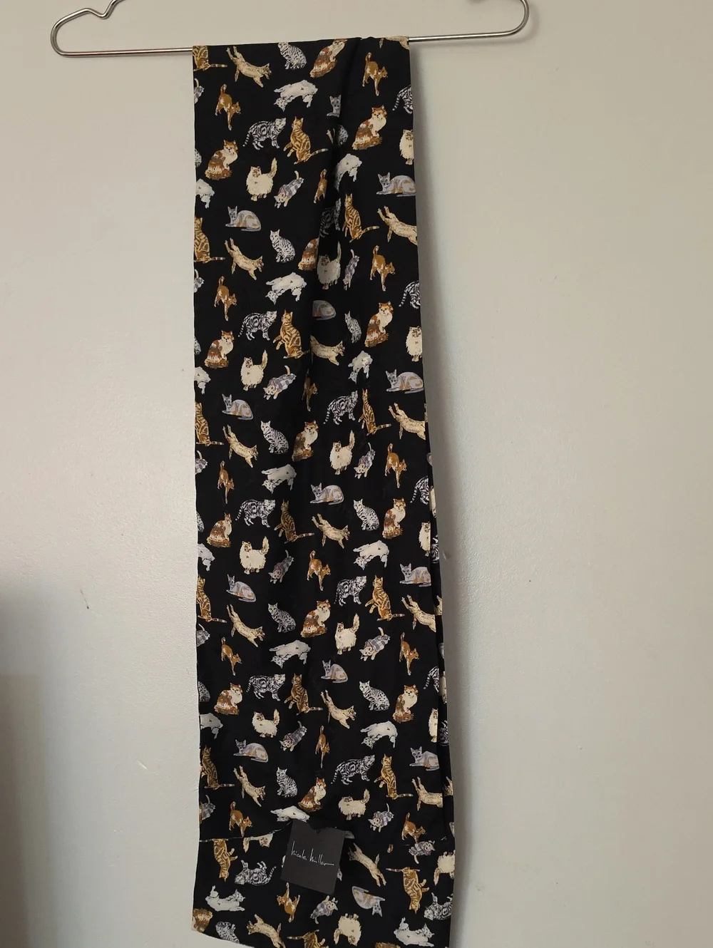 100% Silk Nicole Miller Black Scarf with Gold and Cream Cat Motif